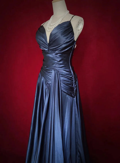 Vintage Prom Dresses A line Spaghetti Strap Navy Blue Satin 1990s Formal Evening Gown N2661