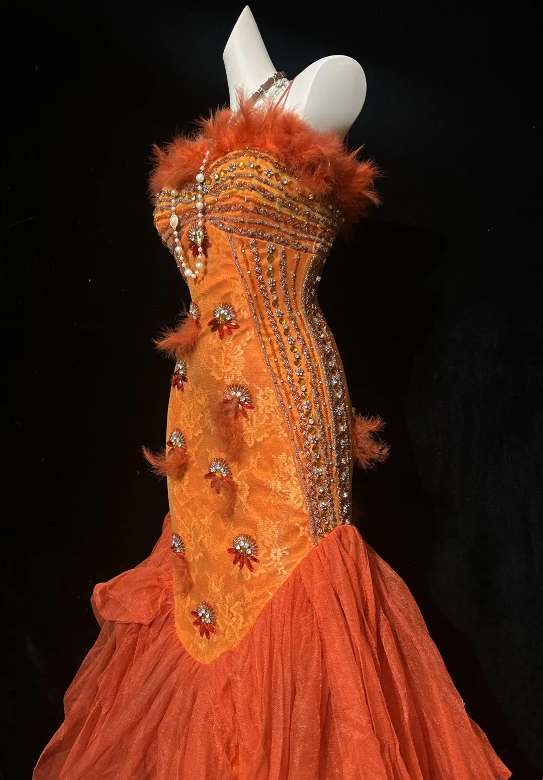 Vintage Prom Dresses Mermaid Spaghetti Straps Orange Tulle Lace Long 80s Party Evening Formal Gown RC1144