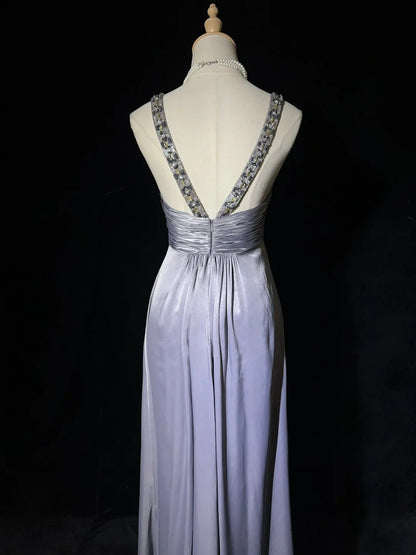Vintage Prom Dresses Inspo A Line Halter Grey Long 1990s With Gold Beading Formal Gowns N3326