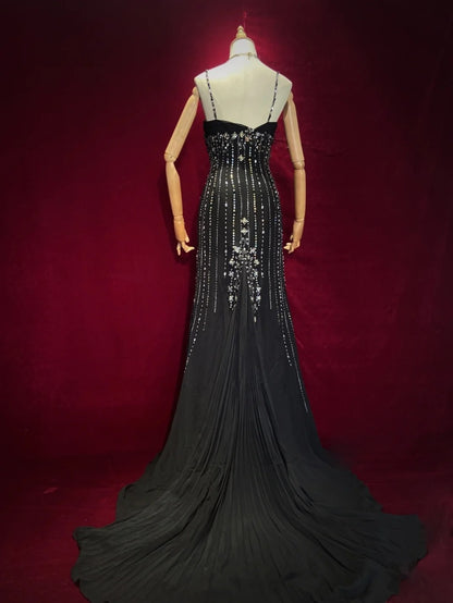 Vintage Prom Dresses 90s Mermaid Spaghetti Strap Black Tie With Silver Beading Long Semi Formal Evening Dress N3666