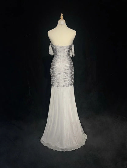 Modest Prom Dresses Mermaid Off The Shoulder Gray Chiffon With Sleeves Formal Evening Dress N3847