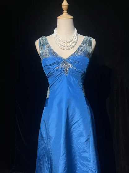Vintage Prom Dresses A Line V Neck Blue Satin Lace 1990s Long Formal Evening Gown N2644