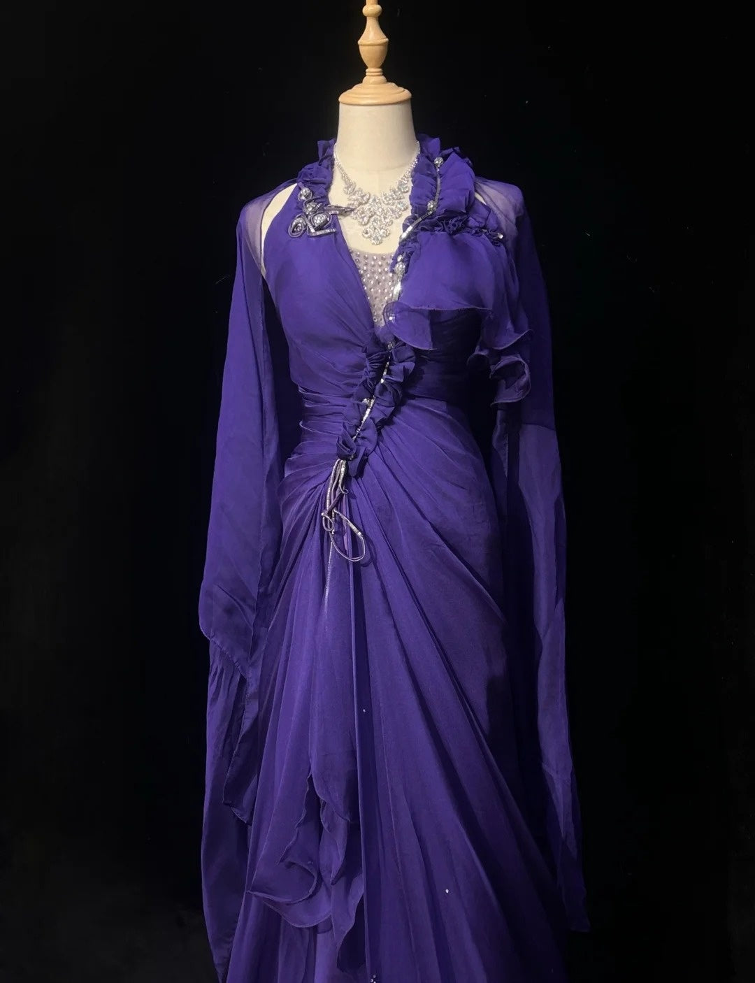 Vintage Prom Dresses 1960s Mermaid V Neck Purple Chiffon With Ruffled Long Prom Gown N3110