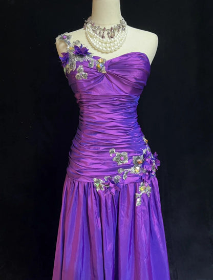 Vintage Prom Dresses Mermaid One Shoulder Grape Taffeta With Appliqued 90s Long Formal Gown N2895