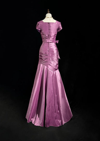 Vintage Prom Dresses Mermaid V Neck Lilac Satin With Ruffles Short Sleeves Long Formal Dress N2500