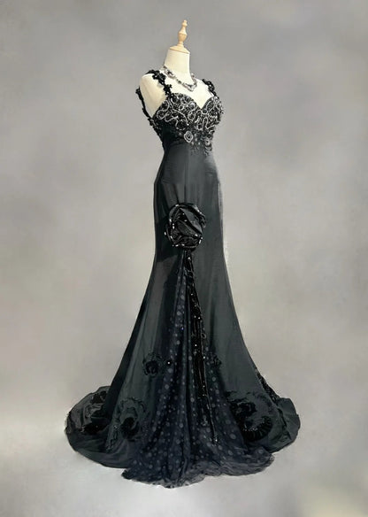 Vintage Prom Dresses Inspo Mermaid Spaghetti Strap Black Long 1990s With Beaded Appliqued Formal Gowns N3378