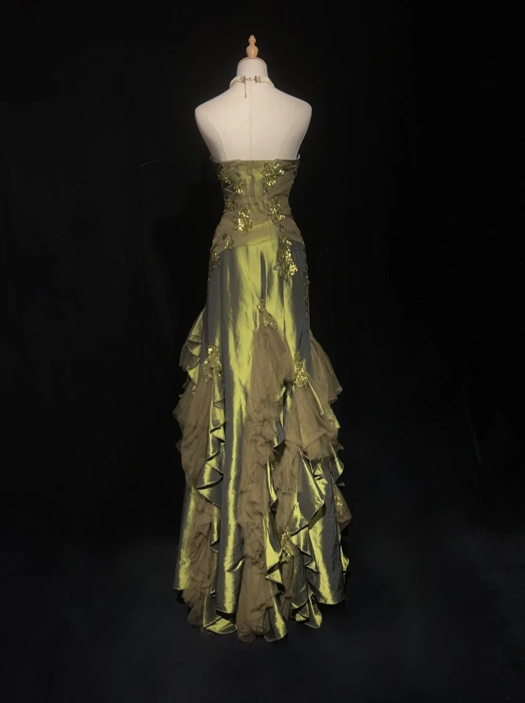Vintage Prom Dresses Mermaid Sweetheart Olive Green Satin With Beading 1980s Long Formal Gown N2622