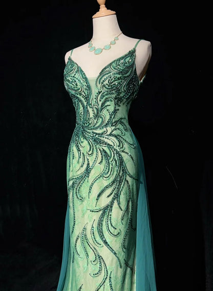 Vintage Prom Dresses Mermaid Spaghetti Strap Green Beaded 90s Long Formal Evening Gown N2649