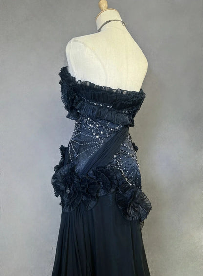 Vintage Prom Dresses Mermaid Sweetheart Black Tie Dress Chiffon With Beading 1980s Long Formal Gown N2621