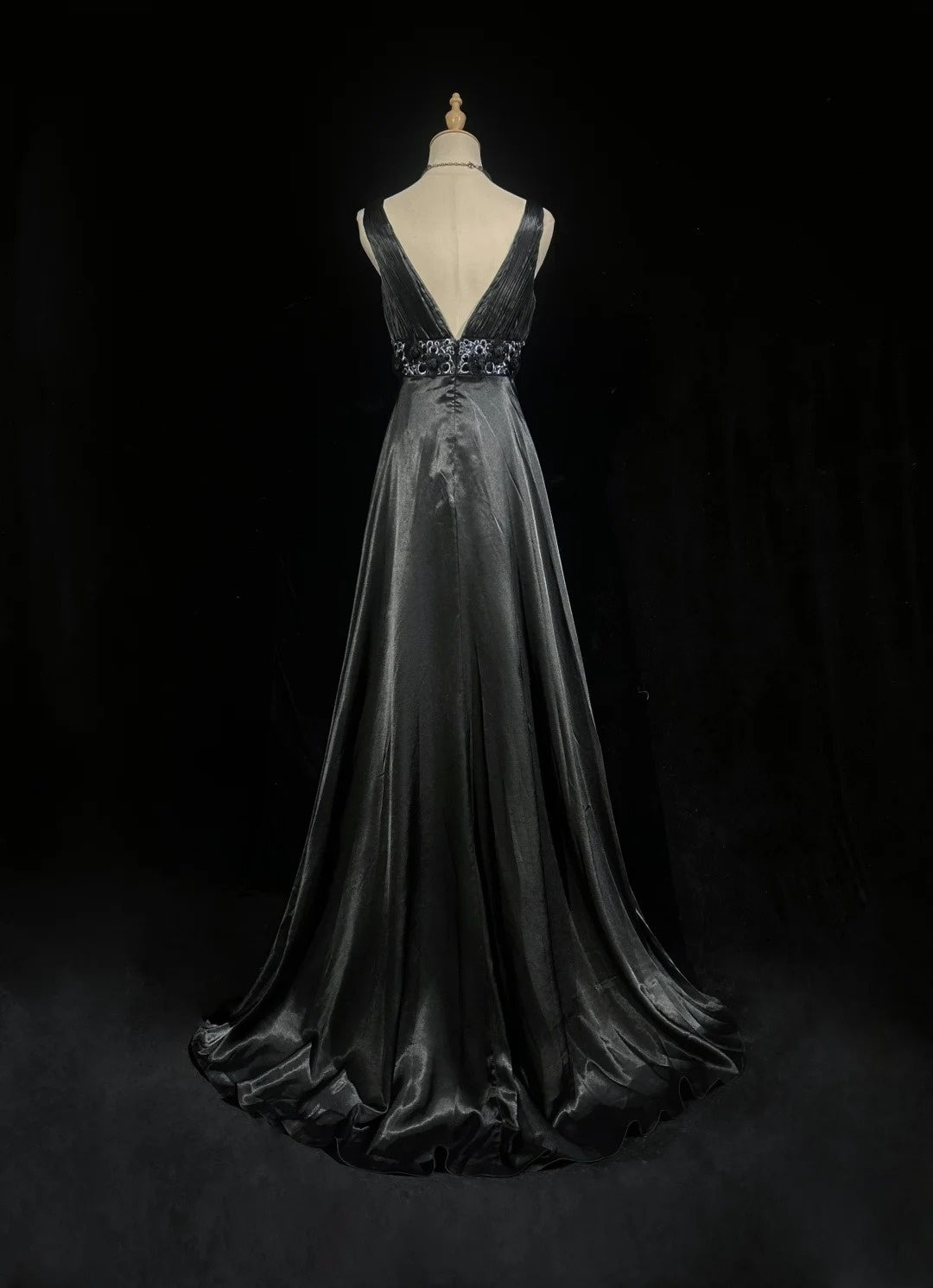 Vintage Prom Dresses A line Empire Black Satin With Beading 1980s Long Formal Gown N2624