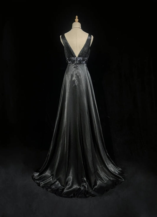 Vintage Prom Dresses A line Empire Black Satin With Beading 1980s Long Formal Gown N2624