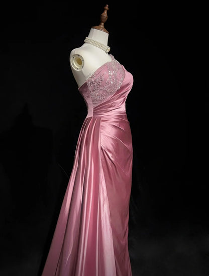 Vintage Prom Dresses Inspo Mermaid One Shoulder Satin With Beads Slit 80s Long Formal Gown N2735
