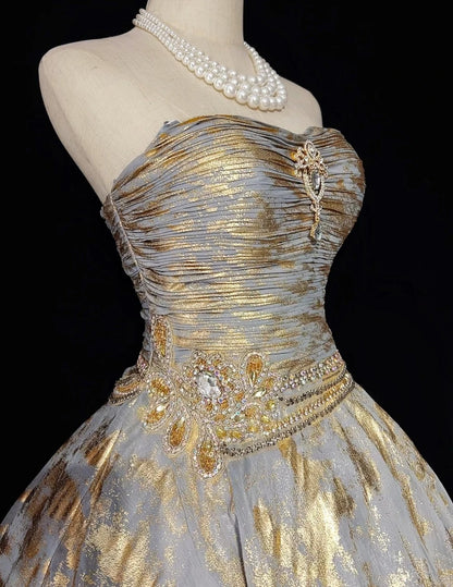 Princess Ball Gown Strapless Gold Organza Short Mini Homecoming Dresses Hoco Gowns N2912