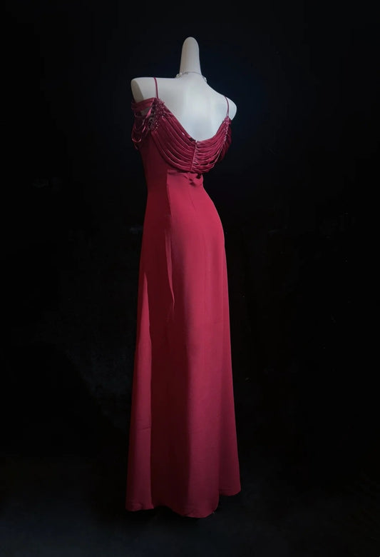 Vintage Prom Dresses Inspo A line Spaghetti Strap 90s Burgundy Satin With Cape For Women Formal Gowns N3310