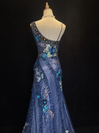 Vintage Prom Dresses Mermaid Straps Light Blue Lace With Flowers Long Evening Outfits N3440
