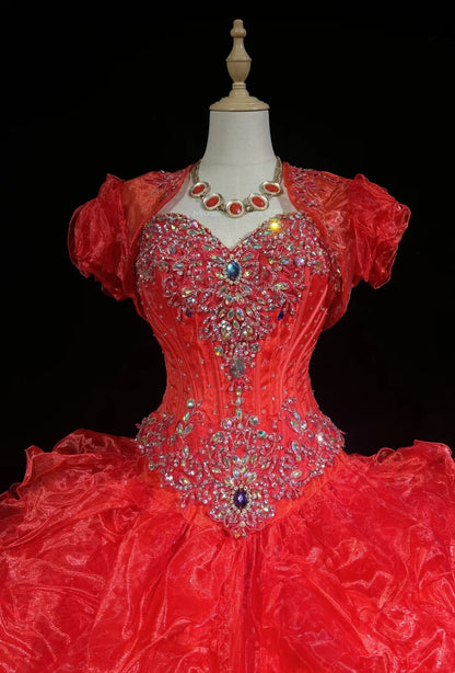 Princess Sweetheart Red Tulle With Tiered Sweet 16 Dress Ball Gown Formal Party Sweet Sixteen Dress RC0093
