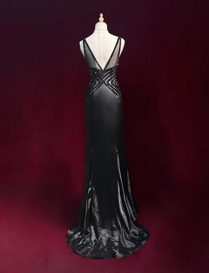 Black Prom Dress Inspo Mermaid Spaghetti Straps Satin With Beading Long Formal Party Gown RC0090