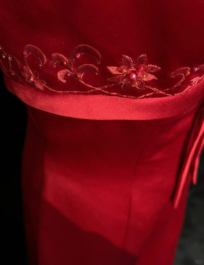 Vintage Prom Dresses Inspo A line Square Neck Red Satin 80s Long Formal Gowns With Cape N2857