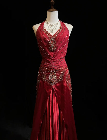 Modest Prom Dresses Mermaid Halter Burgundy Chiffon With Beading Long Formal Evening Dress N3877