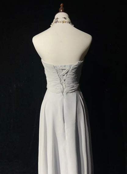 Vintage Prom Dresses A line Strapless Gray Chiffon With Beaded Bodice Sleeveless 1990s Long Formal Evening Gown N2636