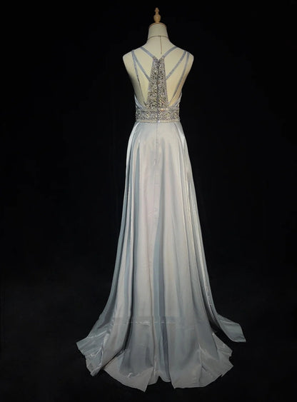 Modest Prom Dresses A line Spaghetti Strap Grey Satin Long Formal Evening Outfits N3617