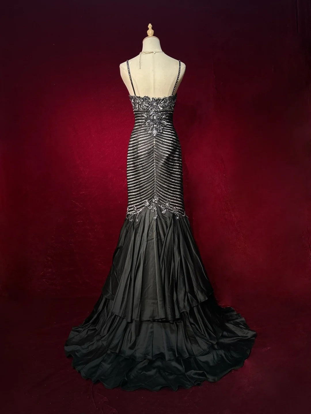 Black Prom Dress Inspo Mermaid Spaghetti Straps Satin With Beading Long Formal Party Gown RC0092