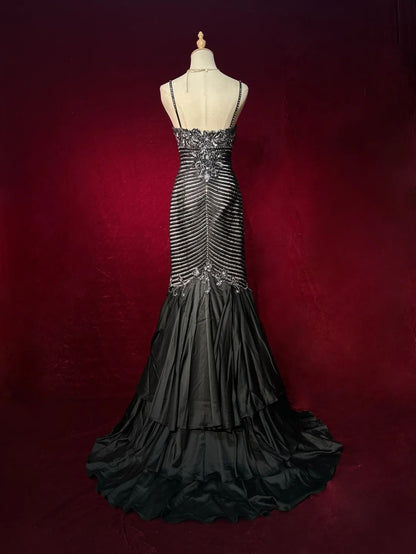 Black Prom Dress Inspo Mermaid Spaghetti Straps Satin With Beading Long Formal Party Gown RC0092