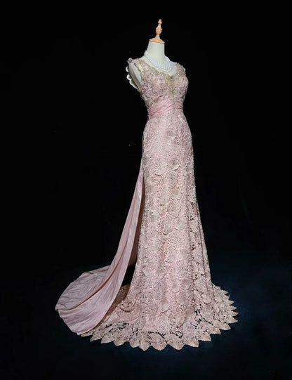Vintage Prom Dresses 1960s Mermaid V Neck Pink Lace With Appliqued Beaded Long Prom Gown N3107