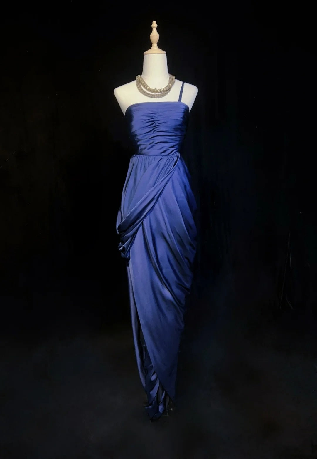 Vintage Prom Dresses Sheath Navy Blue Satin 1990s Long Formal Evening Gown N2663