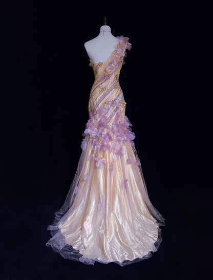 Dreamy 90s Prom Dresses Mermaid One Shoulder Lilac With 3D Flowers Formal Evening Outfits N3802