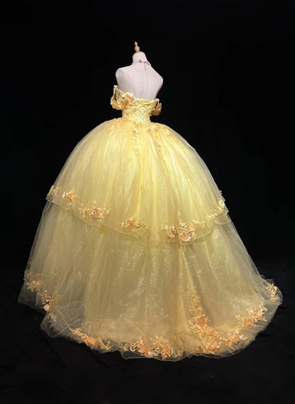 Fairy Quinceanera Dress Ball Gown Off The Shoulder Yellow Flowers Tulle With Lace Quince Dresses RC1136