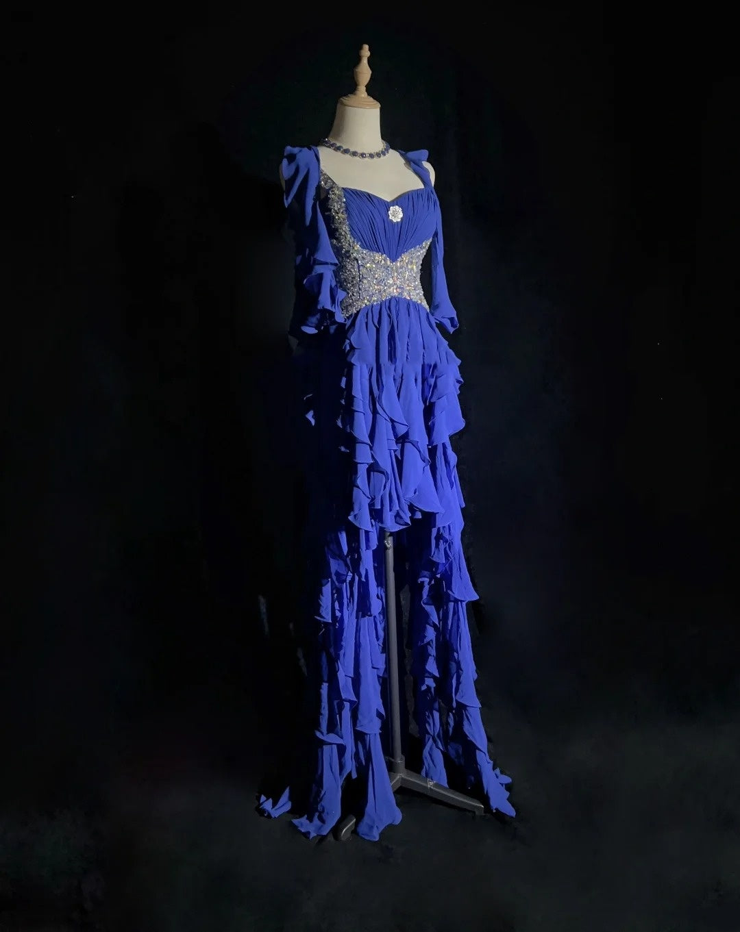 Elegant Prom Dresses A line High Low One Shoulder Royal Blue Chiffon With Beading Sleeveless Long Formal Gown N2881