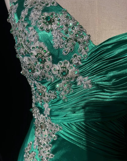 Vintage Prom Dresses A line One Shoulder Green Satin 70s With Appliques Lace Long Formal Gown N2529