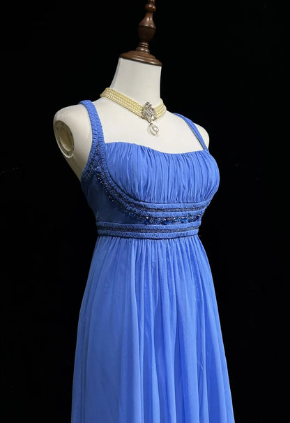 Vintage Prom Dresses A Line Spaghetti Strap Blue Chiffon With Beading Long Formal Dress N2446