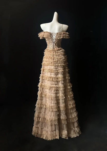 Vintage Prom Dresses A line Spaghetti Strap Gold Lace With Sleeves 80s Evening Formal Dress RB3268