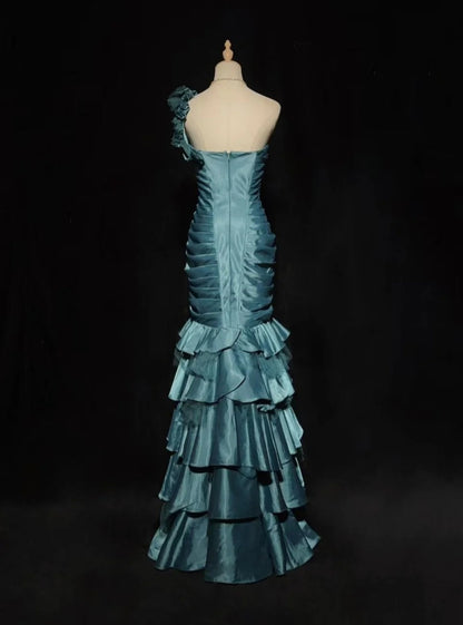 Vintage Mermaid One Shoulder Dusty Blue Satin With Folds Sleeveless Long Formal Dress Gown Birthday Prom Dresses N2442