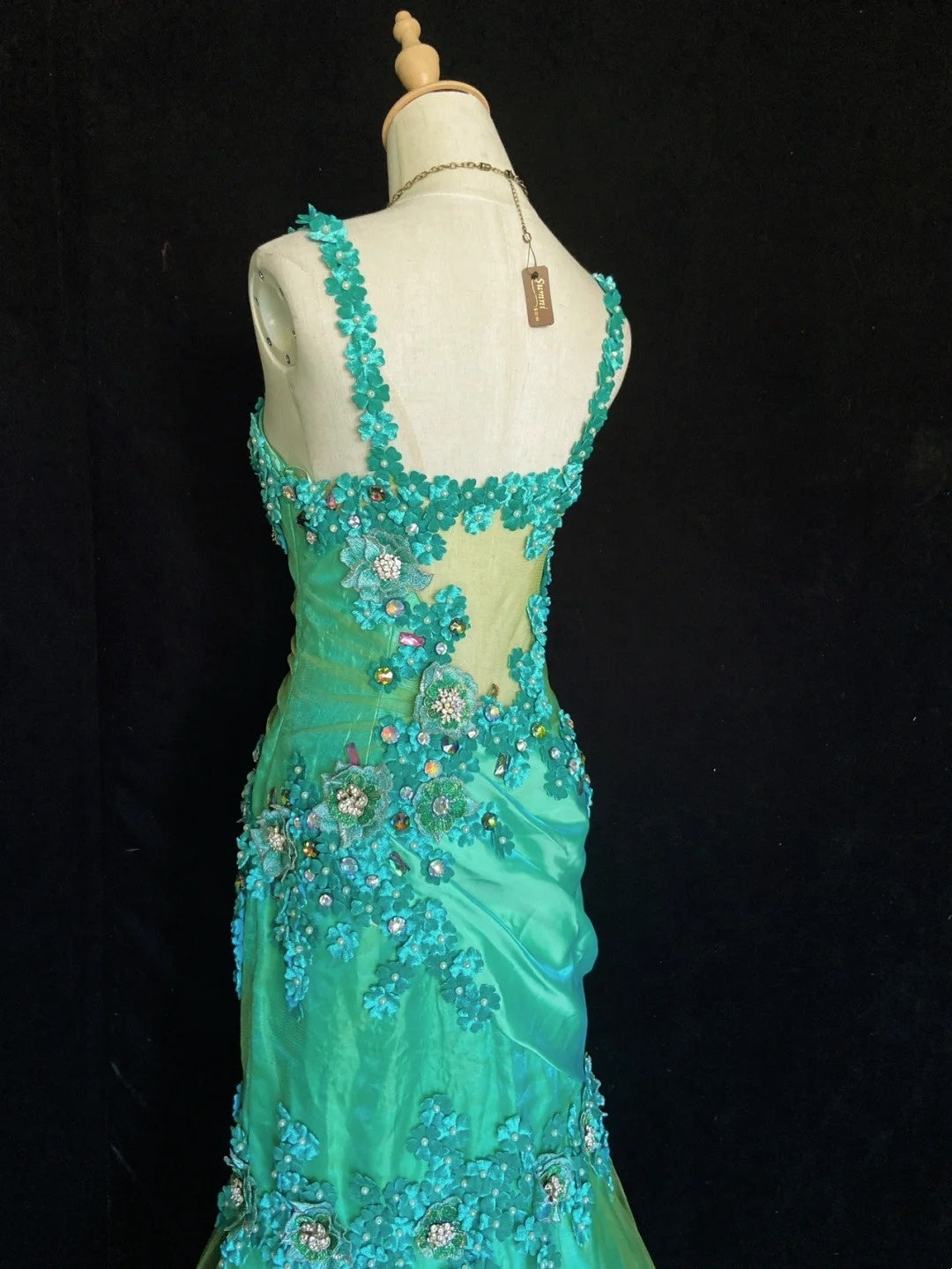 Elegant Prom Dresses Mermaid Spaghetti Strap Green Tulle With Flowers Floor Length Formal Evening Outfits N3490