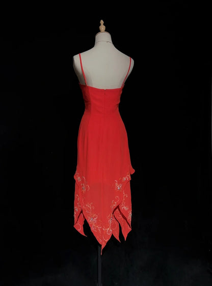 Vintage Prom Dresses A line Spaghetti Strap Red Mid Length Chiffon 1990s Formal Evening Gown N2665