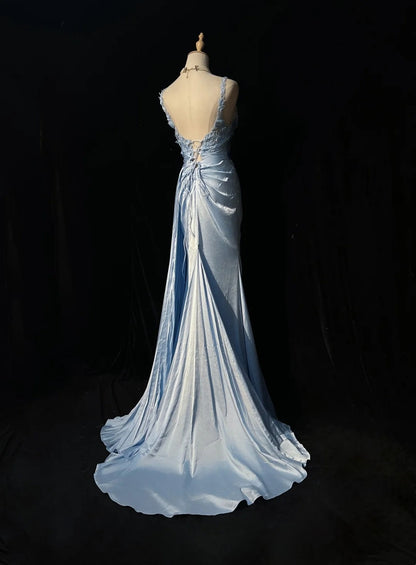 Light Sky Blue Prom Dress Inspo Mermaid Straps With Appliqued Slit Modest Long Formal Party Gown RC0082