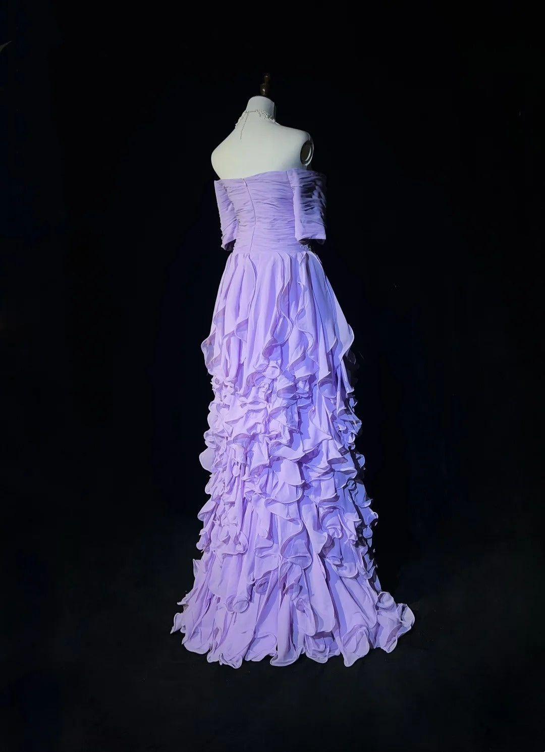 Vintage Prom Dresses A line Off The Shoulder Lilac Layers With Ruffles Short Sleeves Long Formal Dress N2511