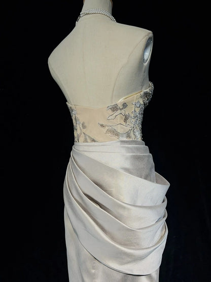 Vintage Prom Dresses 80s Mermaid Sweetheart Silver Grey With Beading Semi Formal Evening Outfits N3638