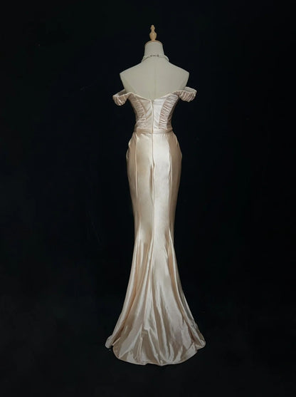Vintage 90s Prom Dresses Mermaid Off The Shoulder Champagne Satin Long Prom Gown N3010