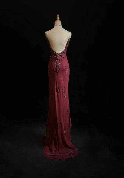 Unique Prom Dresses High Low Spaghetti Strap Burgundy Sleeveless With Beading Semi Formal Evening Dress N3794