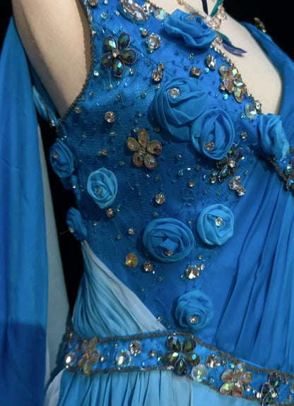 Vintage Prom Dresses Inspo Mermaid V Neck Royal Blue Chiffon With Flowers Beads 80s Long Formal Gown N2743