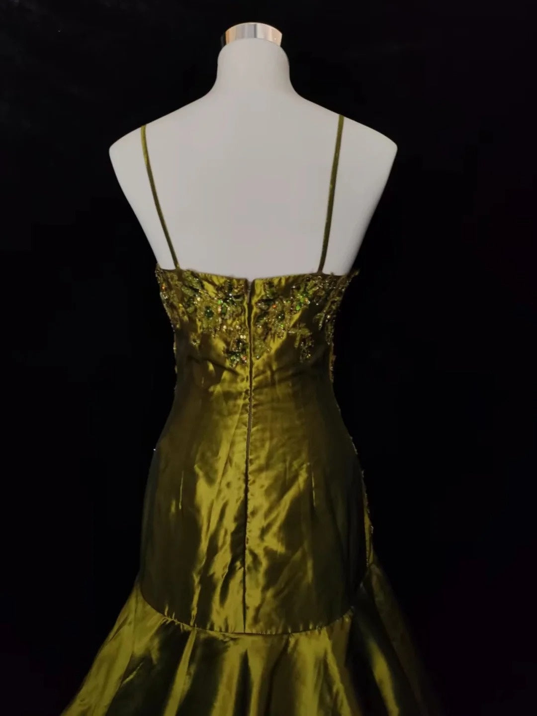 Vintage Classy Prom Dresses Mermaid Spaghetti Strap Olive Green Satin With Lace Beading Evening Long Dress N3294