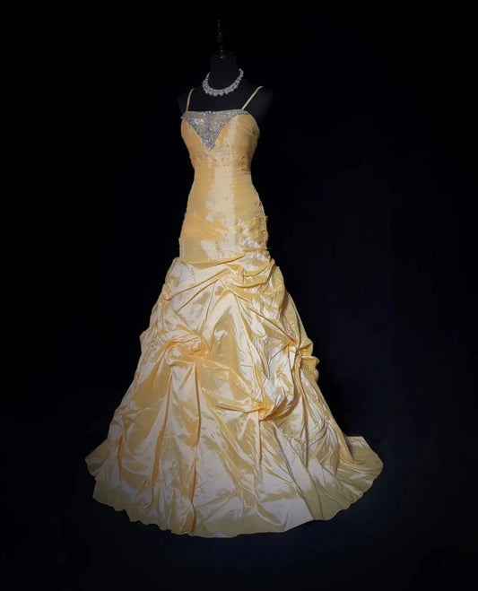 Elegant Prom Dresses Ball Gown Spaghetti Strap Yellow Taffeta With Pleated Long Formal Gown N2918
