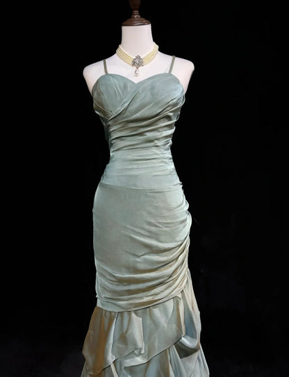 Vintage 1980s Prom Dresses Mermaid Spaghetti Strap Floor Length Light Green Long Formal Party Dress N2534