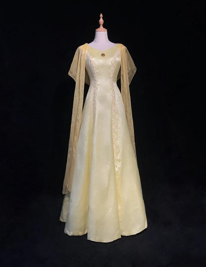 Vintage Prom Dresses 1950s Retro Classy A line Scoop Yellow Satin Evening Outfits With Scarf N3011