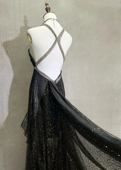 Vintage Prom Dresses Mermaid Halter Black Sequin 70s With Beading Backless Long Formal Dress N2518