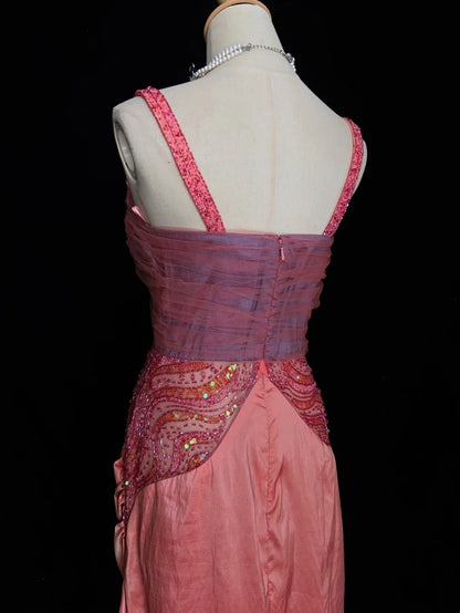 Vintage Prom Dresses 80s Mermaid Sweetheart Pink Chiffon With Beading Semi Formal Evening Outfits N3635